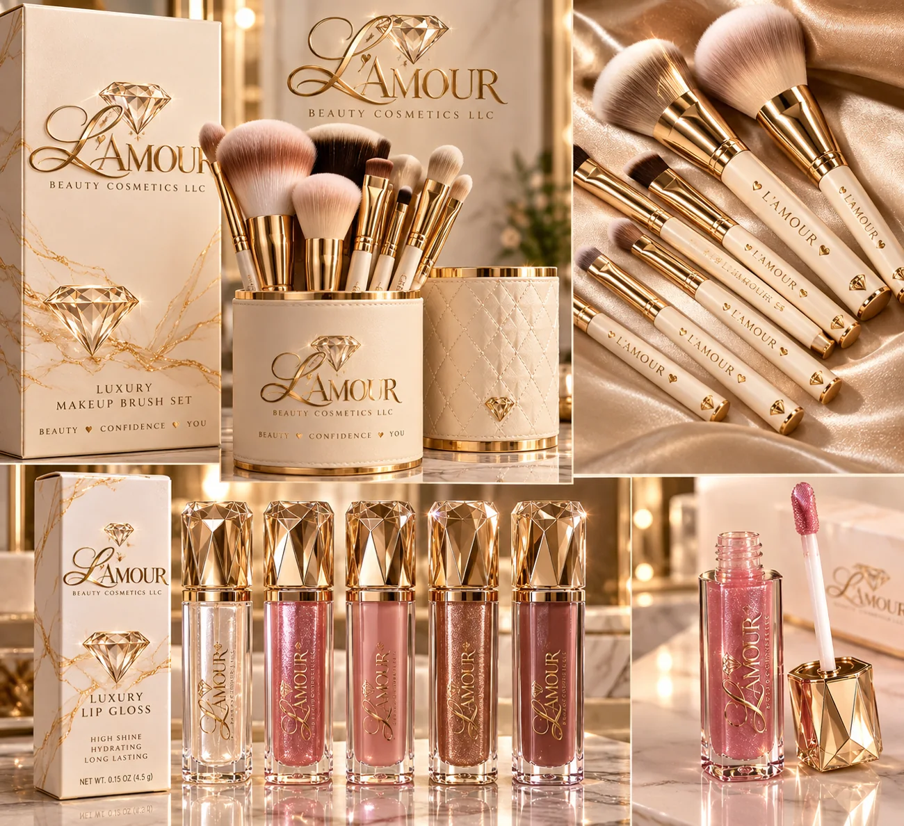 Cream and gold luxury L’Amour makeup brush set