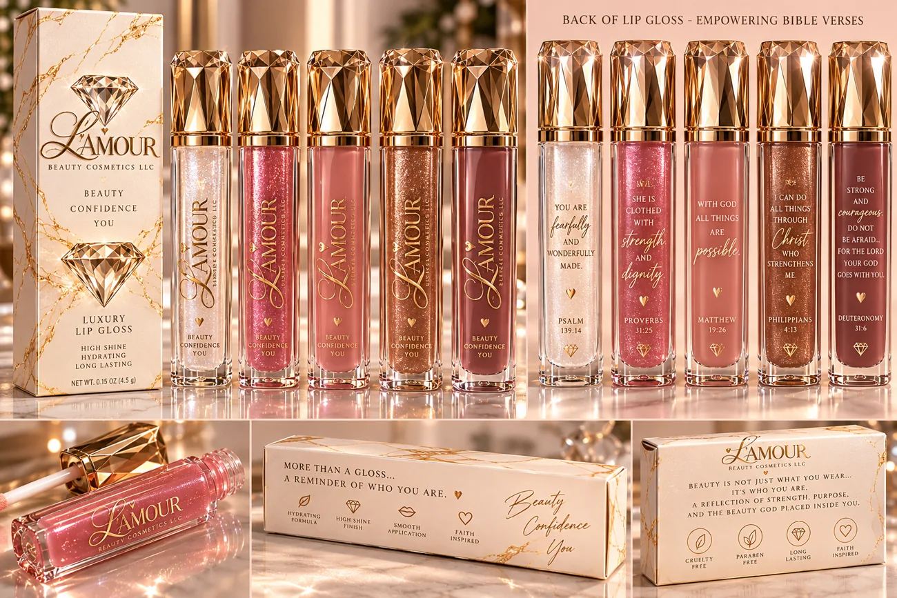 L’Amour luxury lip gloss collection with gold diamond-inspired packaging